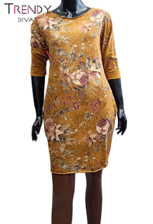 Pamut lézer vágott virágos mustár színű ruha/tunika 
