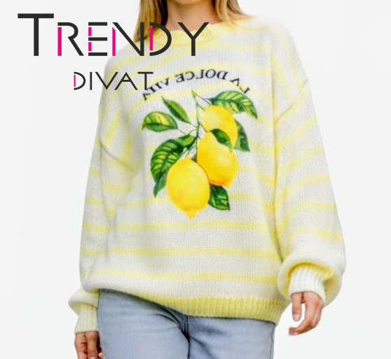 Fehér alapon sárga szegélyel Citromos kötött pulóver 