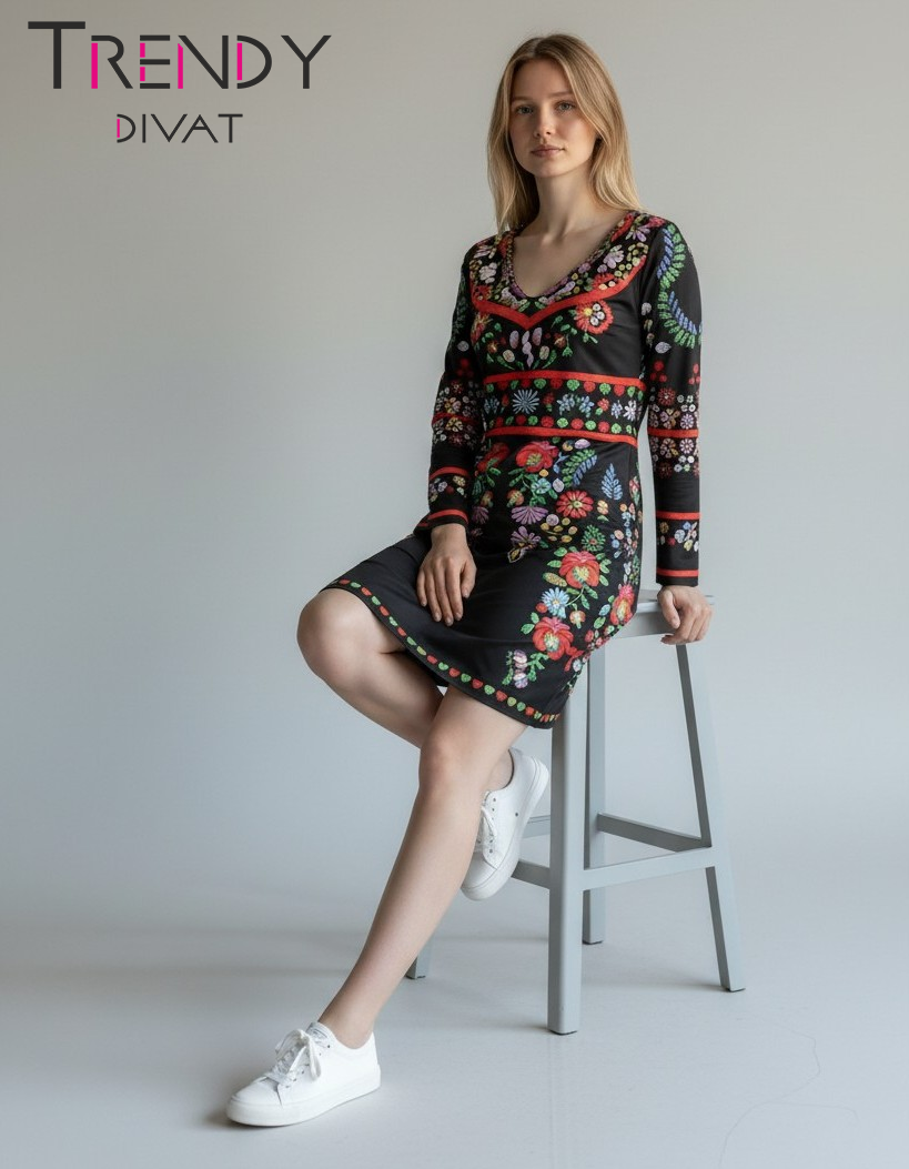 Fekete virág mintás tunika/ ruha 